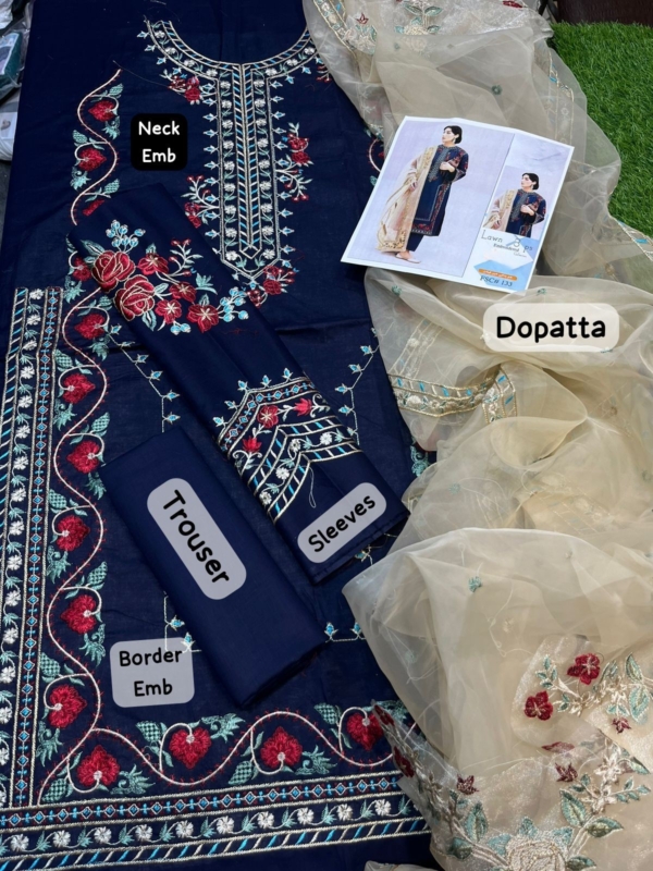 2K25 – Embroidered Lawn Suit with Organza Dupatta - Image 2