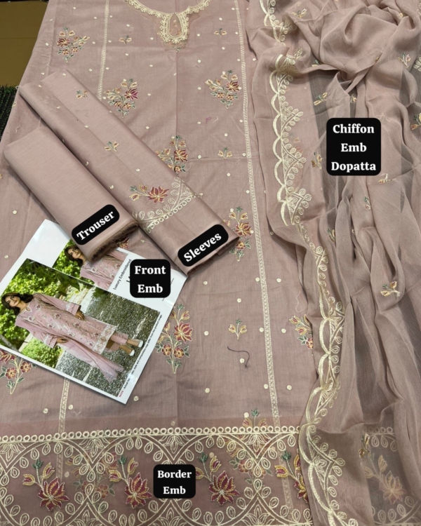 Luxury Lawn 3PC Embroidered Suit with Chiffon Dupatta – 2025 - Image 2