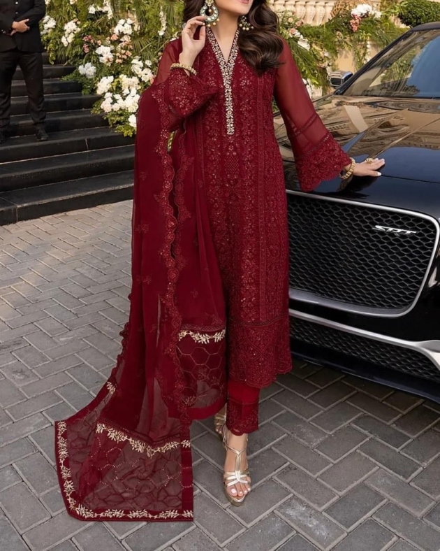 Embroidered Chiffon Suit with Dupatta & Malai Trouser