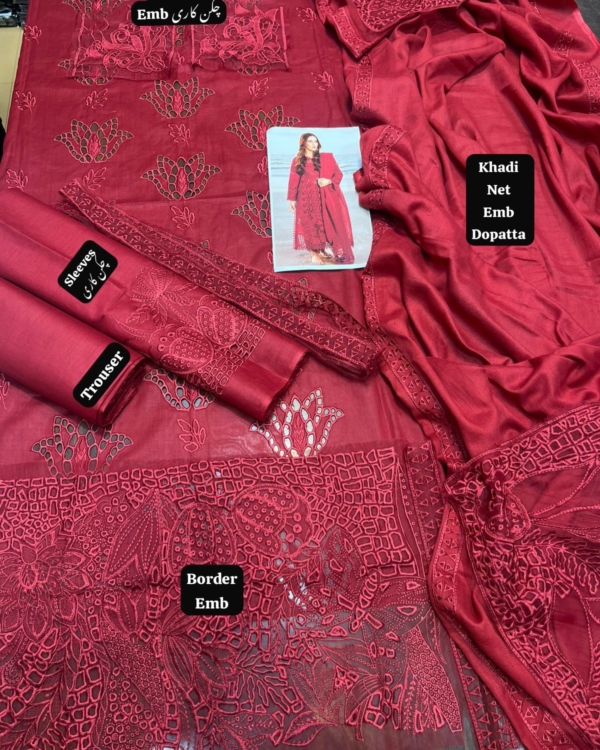 Lawn Embroidered 3PC Suit with Khadi Net Dupatta – 2025 - Image 3