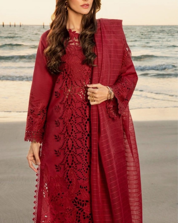 Lawn Embroidered 3PC Suit with Khadi Net Dupatta – 2025