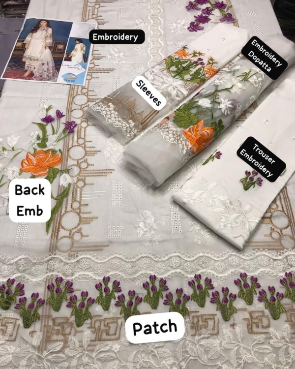 2K25 Luxury Lawn 3PC Embroidered Suit with Organza Dupatta - Image 3