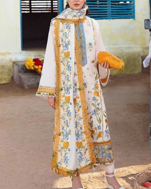 2K25 Luxury Lawn 3PC Embroidered Suit with Chiffon Dupatta