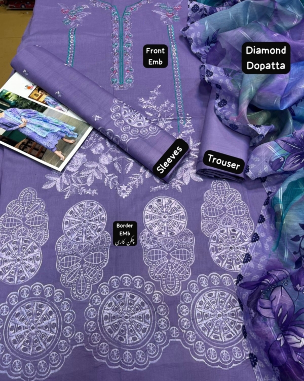 2K25 Luxury Lawn 3PC Embroidered Suit with Diamond Dupatta - Image 3