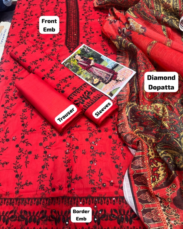 2K25 Luxury Lawn 3PC Embroidered Suit with Digital Diamond Tarkashi Dupatta - Image 4