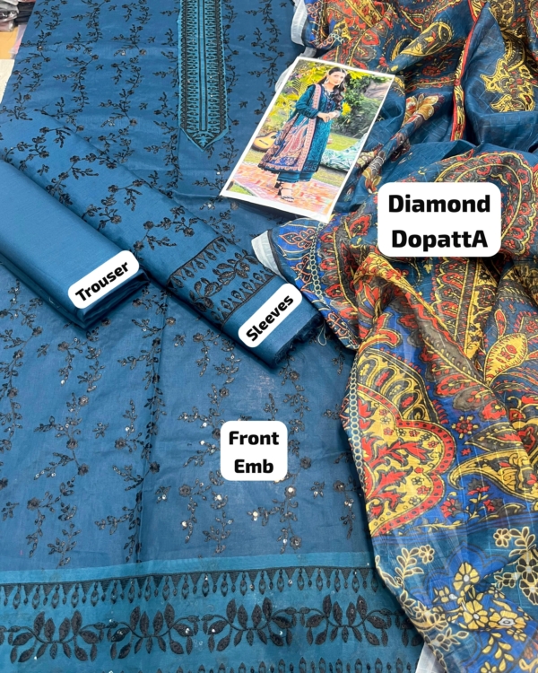 2K25 Luxury Lawn 3PC Embroidered Suit with Digital Diamond Tarkashi Dupatta - Image 5