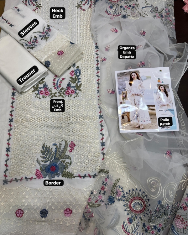 2K25 Luxury Lawn 3PC Embroidered Suit with Organza Dupatta & Luxury Patches - Image 3