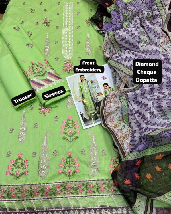2K25 Luxury Lawn 3PC Embroidered Suit with Diamond Dupatta - Image 3