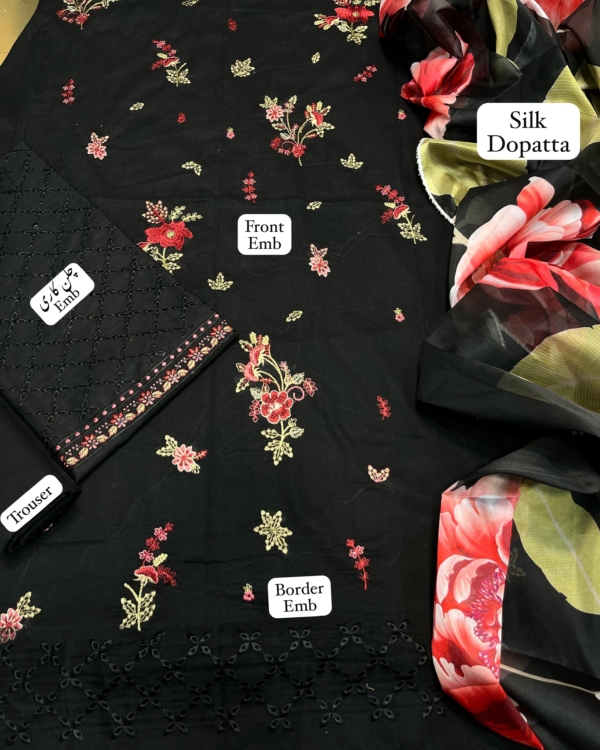 2K25 Luxury Lawn 3PC Embroidered Suit with Diamond Silk Dupatta - Image 3