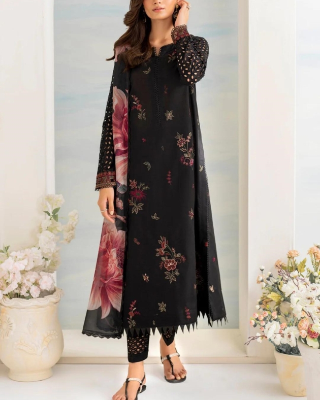 2K25 Luxury Lawn 3PC Embroidered Suit with Diamond Silk Dupatta