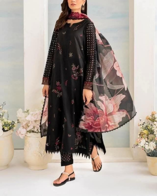 2K25 Luxury Lawn 3PC Embroidered Suit with Diamond Silk Dupatta - Image 2