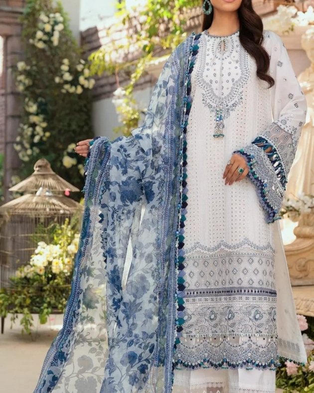2K25 Luxury Lawn 3PC Schiffli Embroidered Suit with Khaddi Net Dupatta