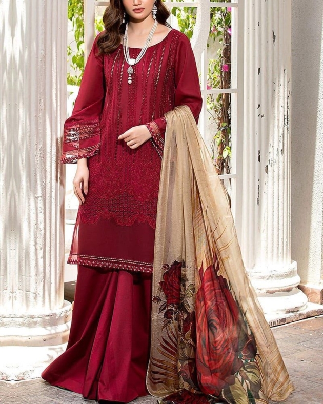 2K25 Chikankari Lawn 3PC Embroidered Suit with Silk Dupatta