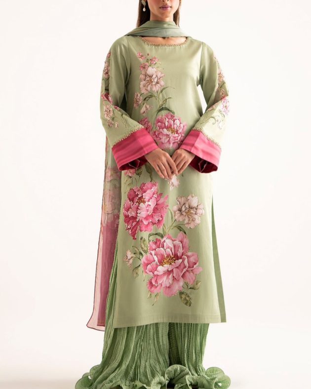 2K25 Digital Print Shamaz Silk 3PC Suit with Stone Work & Tassel Dupatta