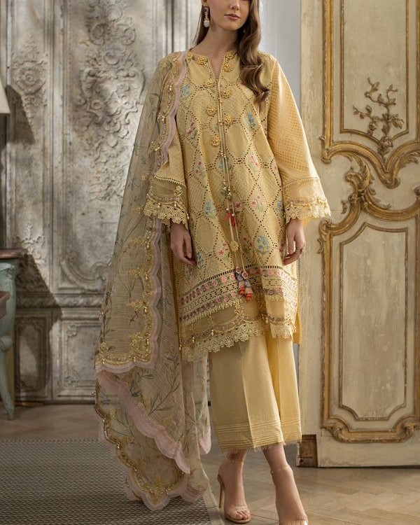 2K25 Lawn 3PC Chikan Kari Suit with Embroidered Chiffon Dupatta