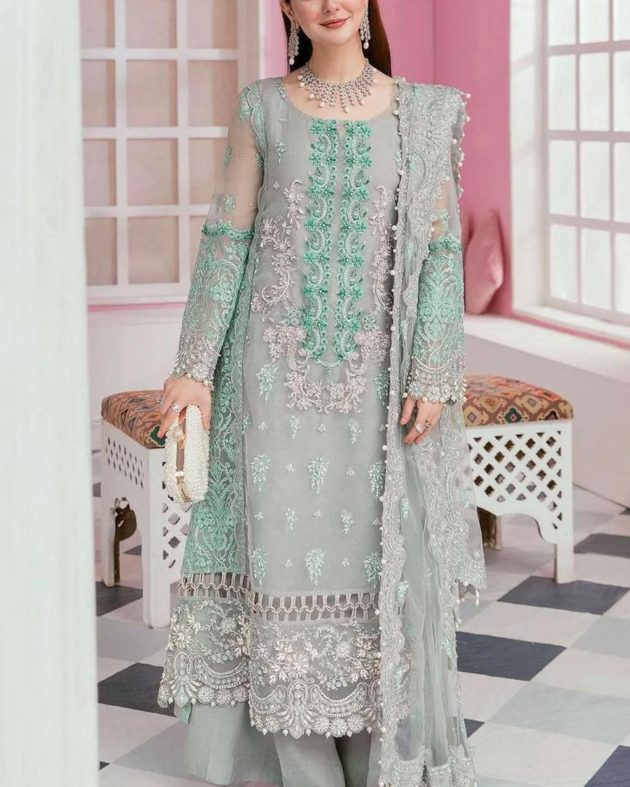 2K25 Organza Bridal 3PC Embroidered Suit with Tassel Dupatta