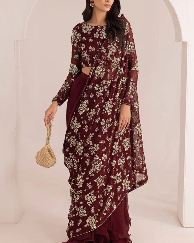 2K25 Chiffon Saree with Embroidered Blouse & Satin Silk Trouser