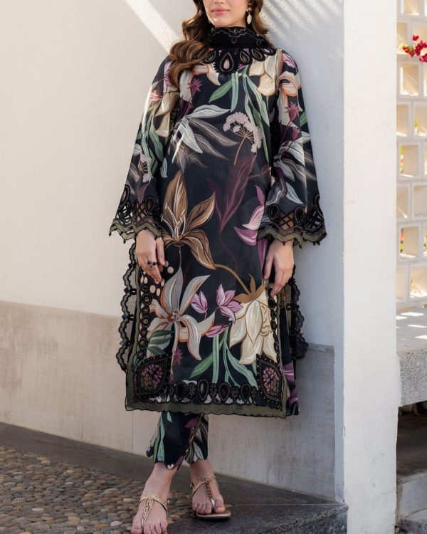 2K25 Premium Printed Lawn 3PC Suit with Embroidered Chiffon Dupatta