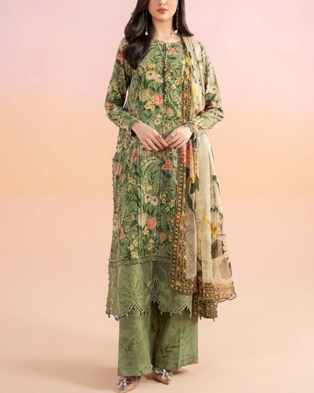 2K25 Embroidered Schiffli Lawn 3PC Suit with Chiffon Dupatta