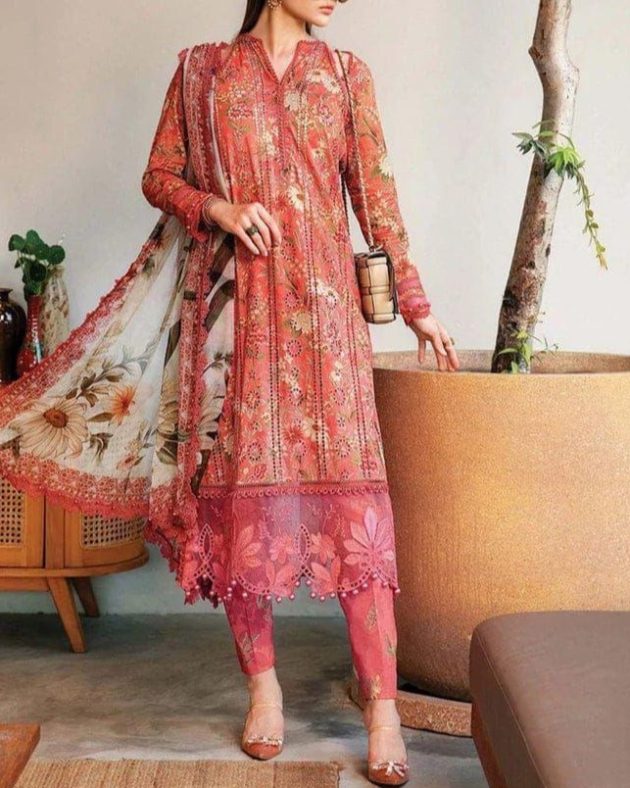 2K25 Schiffli Embroidered Lawn 3PC Suit with Chiffon Dupatta