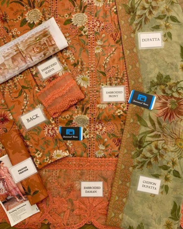 2K25 Schiffli Embroidered Lawn 3PC Suit with Chiffon Dupatta - Image 4