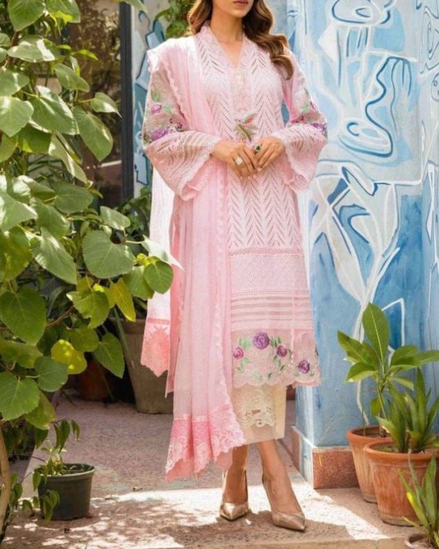 2K25 Chikankari Embroidered Lawn 3PC Suit with Chiffon Dupatta