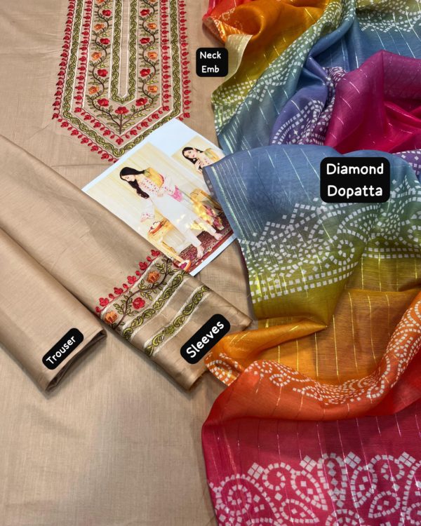 2K25 Embroidered Lawn 3PC Suit with Diamond Voil Dupatta - Image 3