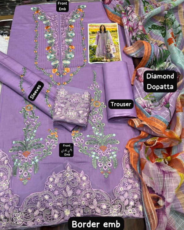2K25 Luxury Lawn 3PC Embroidered Suit with Diamond Voil Dupatta - Image 3