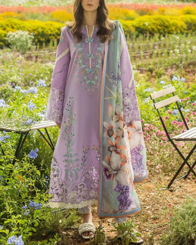 2K25 Luxury Lawn 3PC Embroidered Suit with Diamond Voil Dupatta