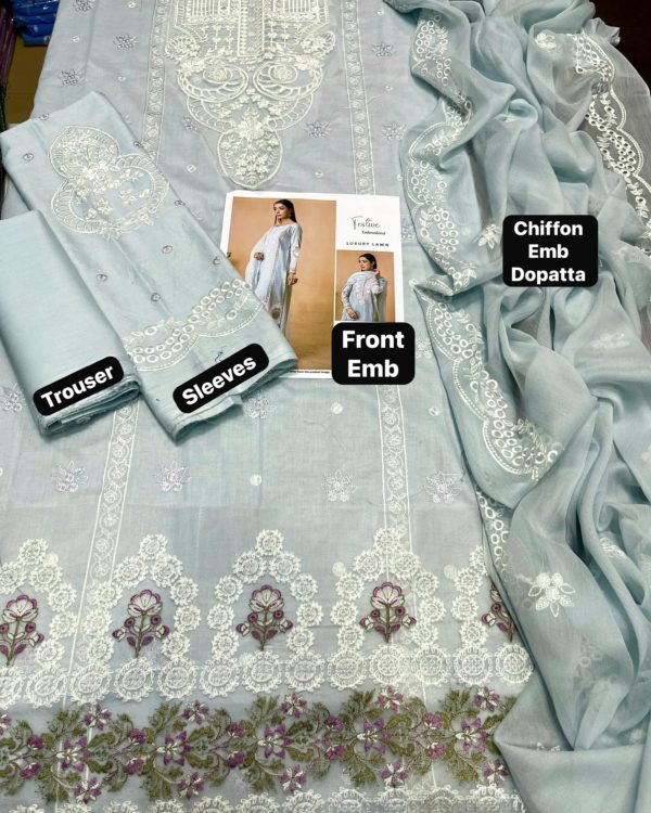 2K25 Luxury Lawn 3PC Embroidered Suit with Chiffon Dupatta - Image 3