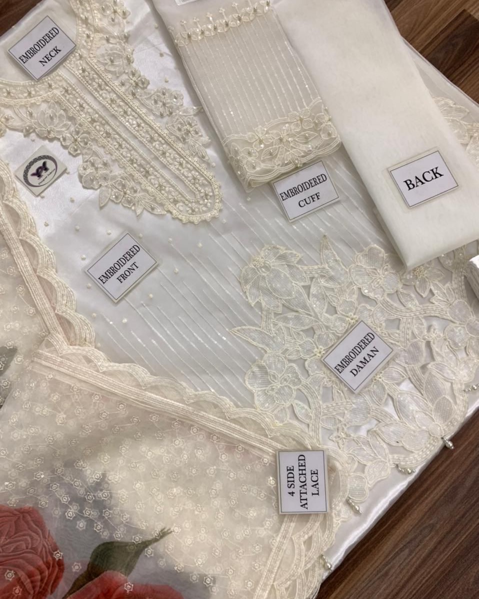 2K25 Luxury Organza 3PC Festive Suit with Embellished Cutwork Dupatta - Image 11