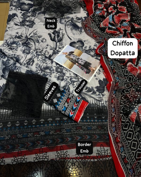 2K25 Luxury Lawn 3PC Embroidered Suit with Chiffon Dupatta - Image 3