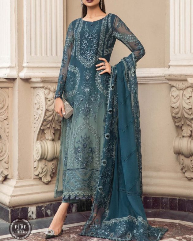 2K25 Couture-Inspired Chiffon Embroidered 3PC Suit with Spangle Work
