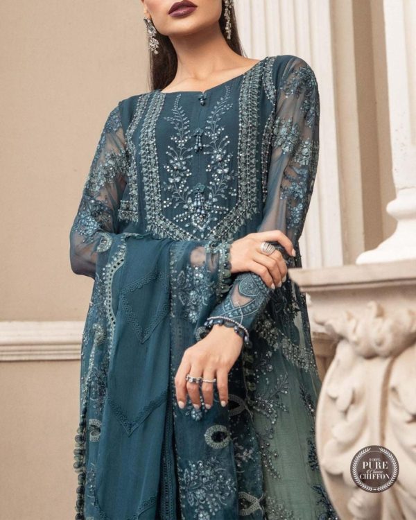 2K25 Couture-Inspired Chiffon Embroidered 3PC Suit with Spangle Work - Image 3