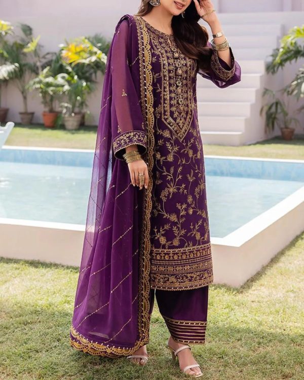 2PC Chiffon Embroidered Suit with Malai Trouser – 2025 Collection