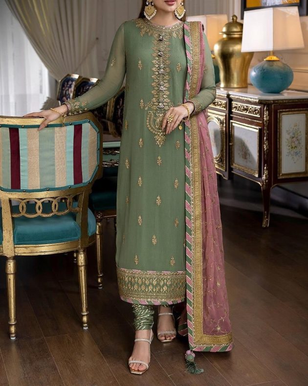 2K25 Chiffon Embroidered 3PC Suit with Jamawar Trouser