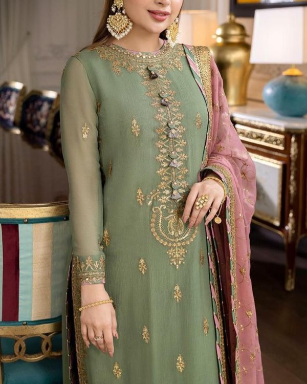 2K25 Chiffon Embroidered 3PC Suit with Jamawar Trouser - Image 2