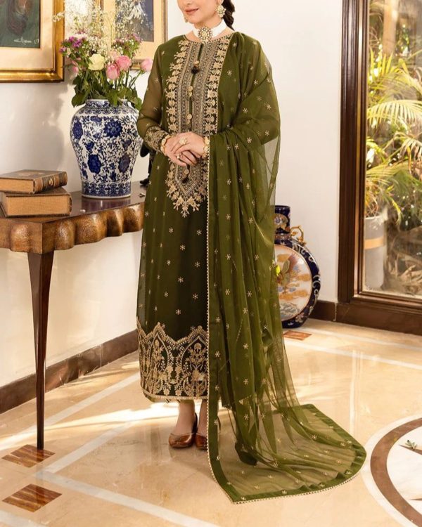 2K25 Chiffon Embroidered 3PC Suit with Triangle Lace Detailing - Image 3