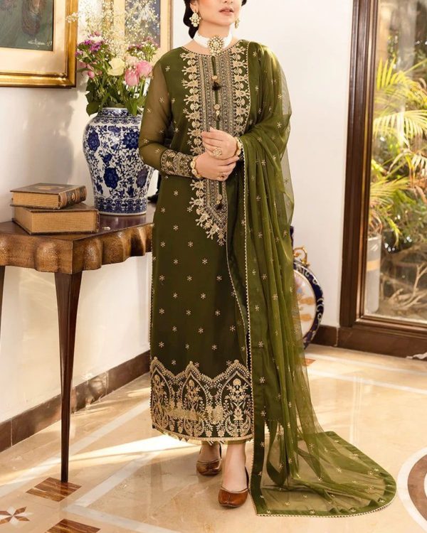 2K25 Chiffon Embroidered 3PC Suit with Triangle Lace Detailing - Image 2