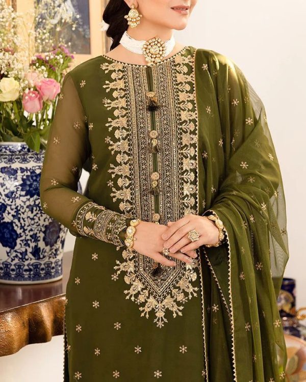 2K25 Chiffon Embroidered 3PC Suit with Triangle Lace Detailing - Image 4