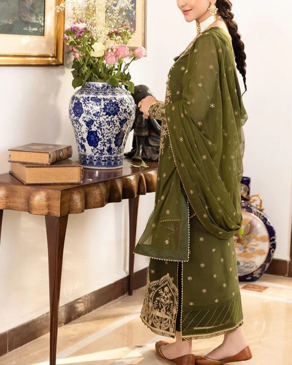 2K25 Chiffon Embroidered 3PC Suit with Triangle Lace Detailing - Image 5