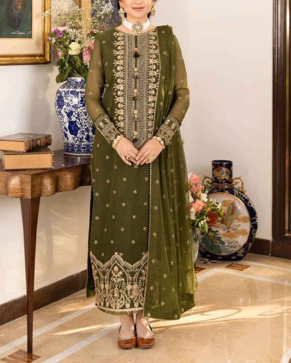 2K25 Chiffon Embroidered 3PC Suit with Triangle Lace Detailing