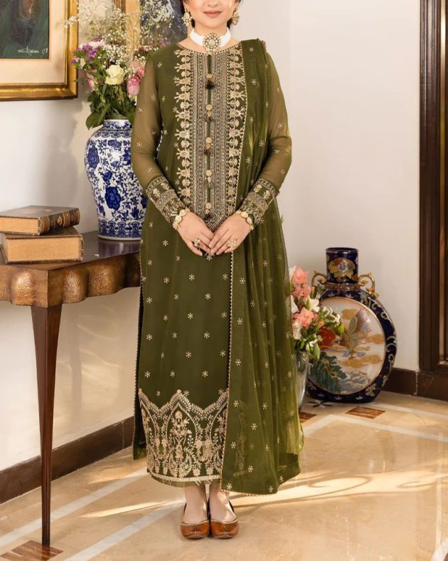 2K25 Chiffon Embroidered 3PC Suit with Triangle Lace Detailing