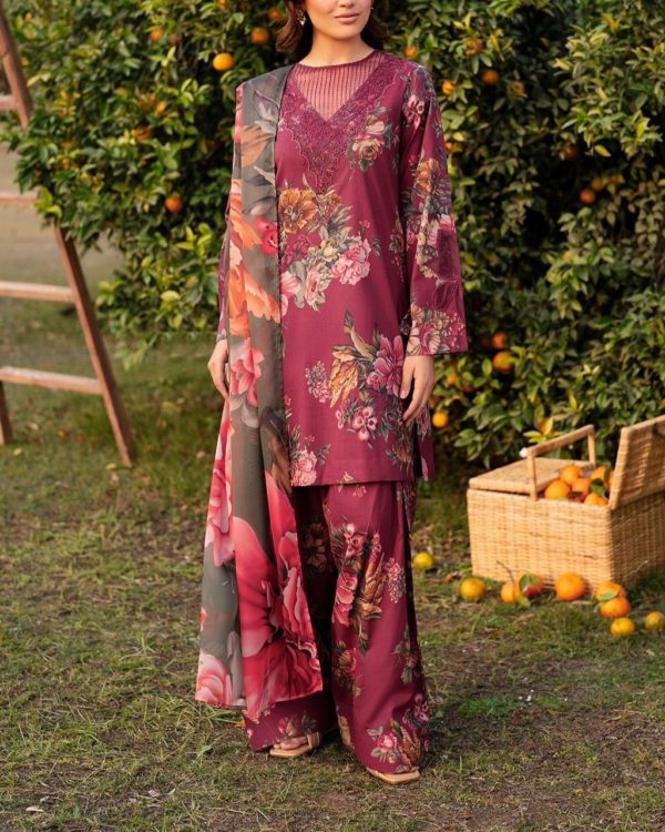 2K25 Premium Lawn 3PC Suit with Organza Dupatta