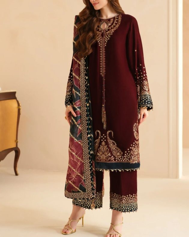 Velvet Embroidered 3PC Suit with Organza Dupatta