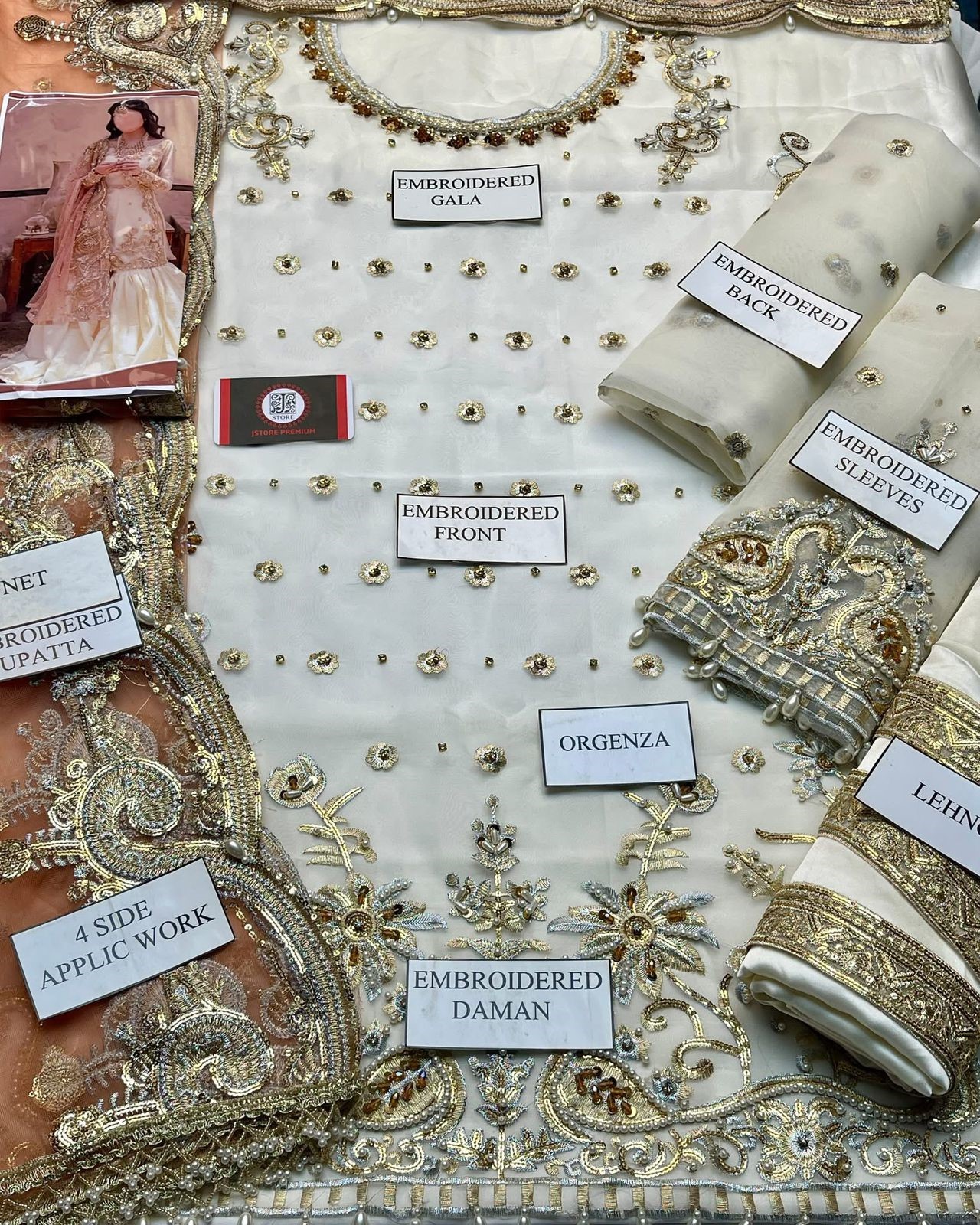 Wedding Wear Organza Embroidered 3PC Suit with Adda Work - Image 5