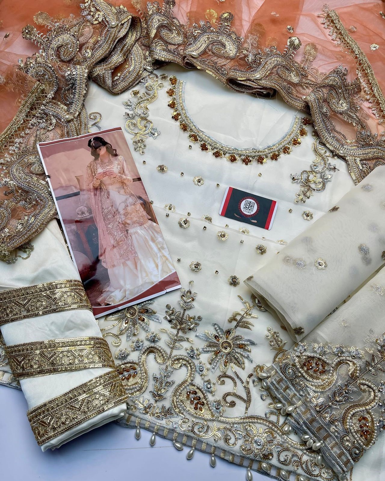 Wedding Wear Organza Embroidered 3PC Suit with Adda Work - Image 6