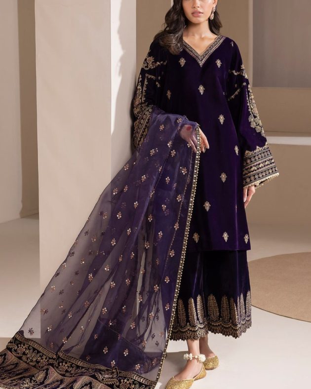 Purple Velvet Micron Embroidered 3PC Suit with Organza Dupatta