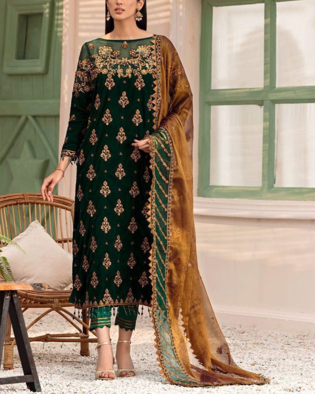 Velvet Embroidered 3PC Suit with Net Dupatta