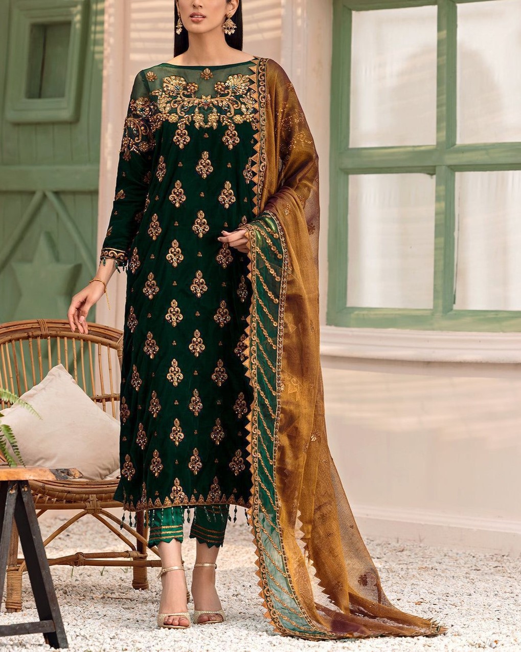 Velvet Embroidered 3PC Suit with Net Dupatta
